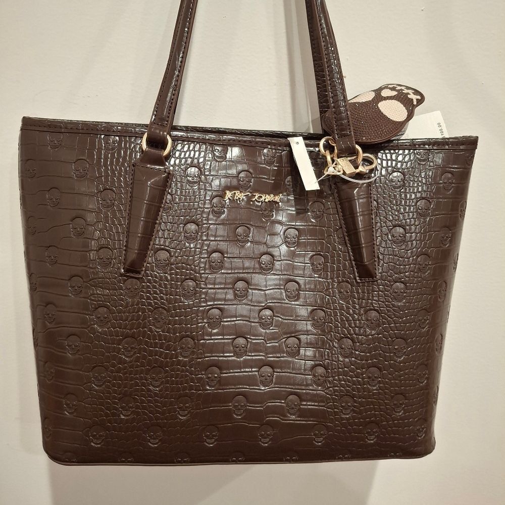 Betsey Johnson XOTOTO Chocolate Skull Tote with Skull Keychain Purse Handbag - Picture 3 of 10